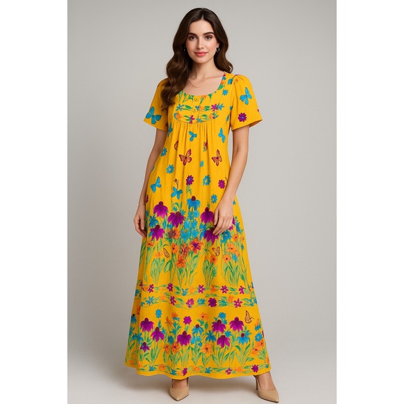 Only Necessities Muumuu Dress Womens L Watercolor Art Floral‎ Butterflies Mumu - Picture 1 of 16